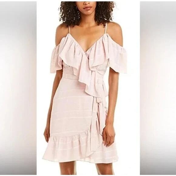 Wayf Dresses & Skirts - Wayf Elise Pink Stripe Ruffle Cold Shoulder Wrap Dress SZ XS